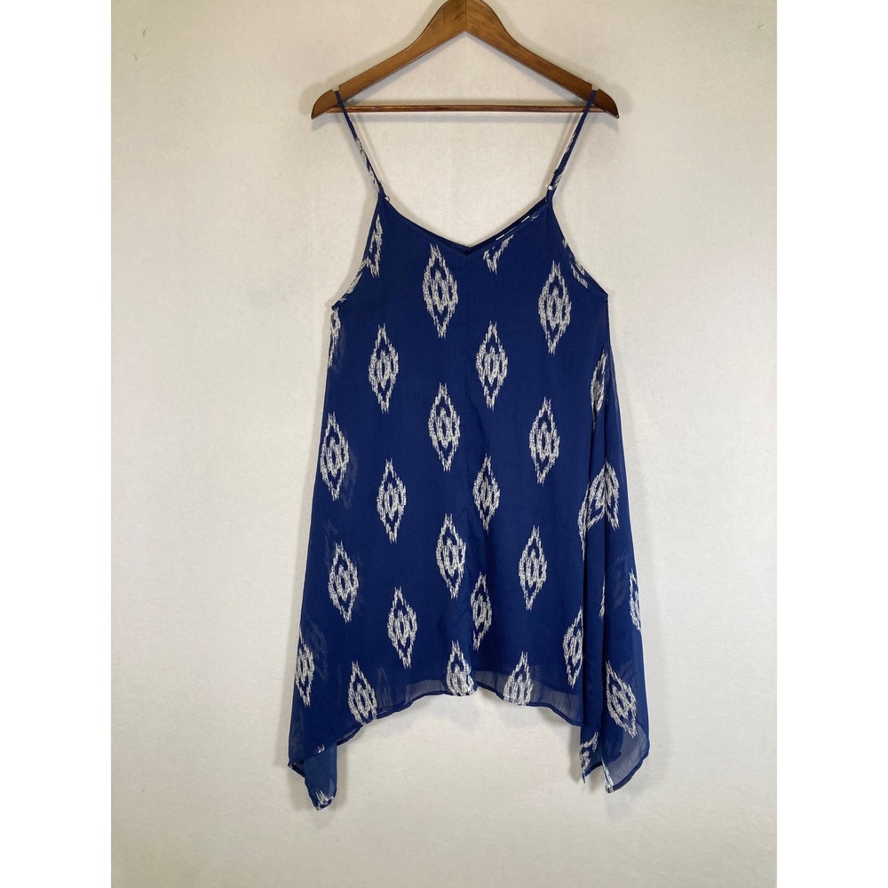 Boho Ikat Charming Charlie Womens Small Blue White Handkerchief Hem Tunic Top